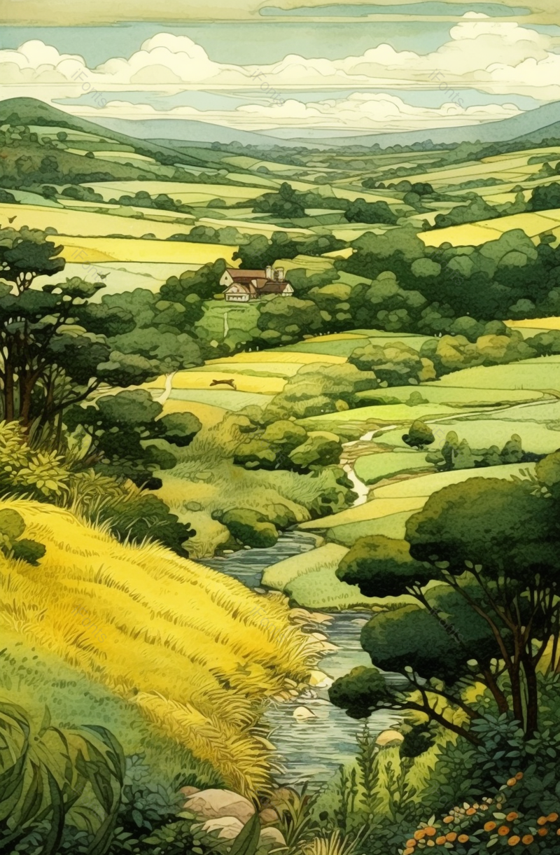 夏天绿色山地小溪流水插画风景画,插画/手绘图,插画/手绘图库,插画/手绘图下载,插画/手绘